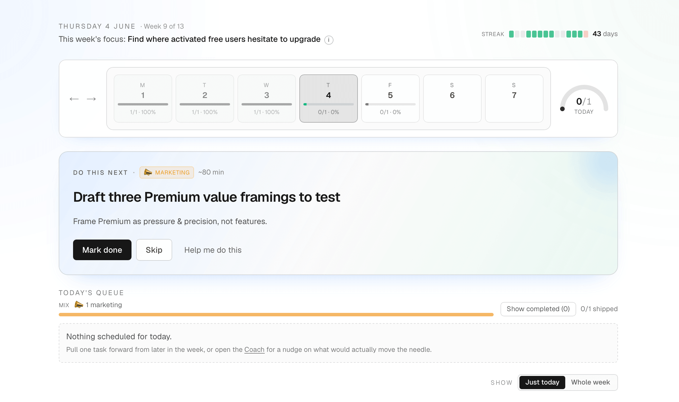 Startle dashboard showing this week's plan, today's priorities, and execution streak